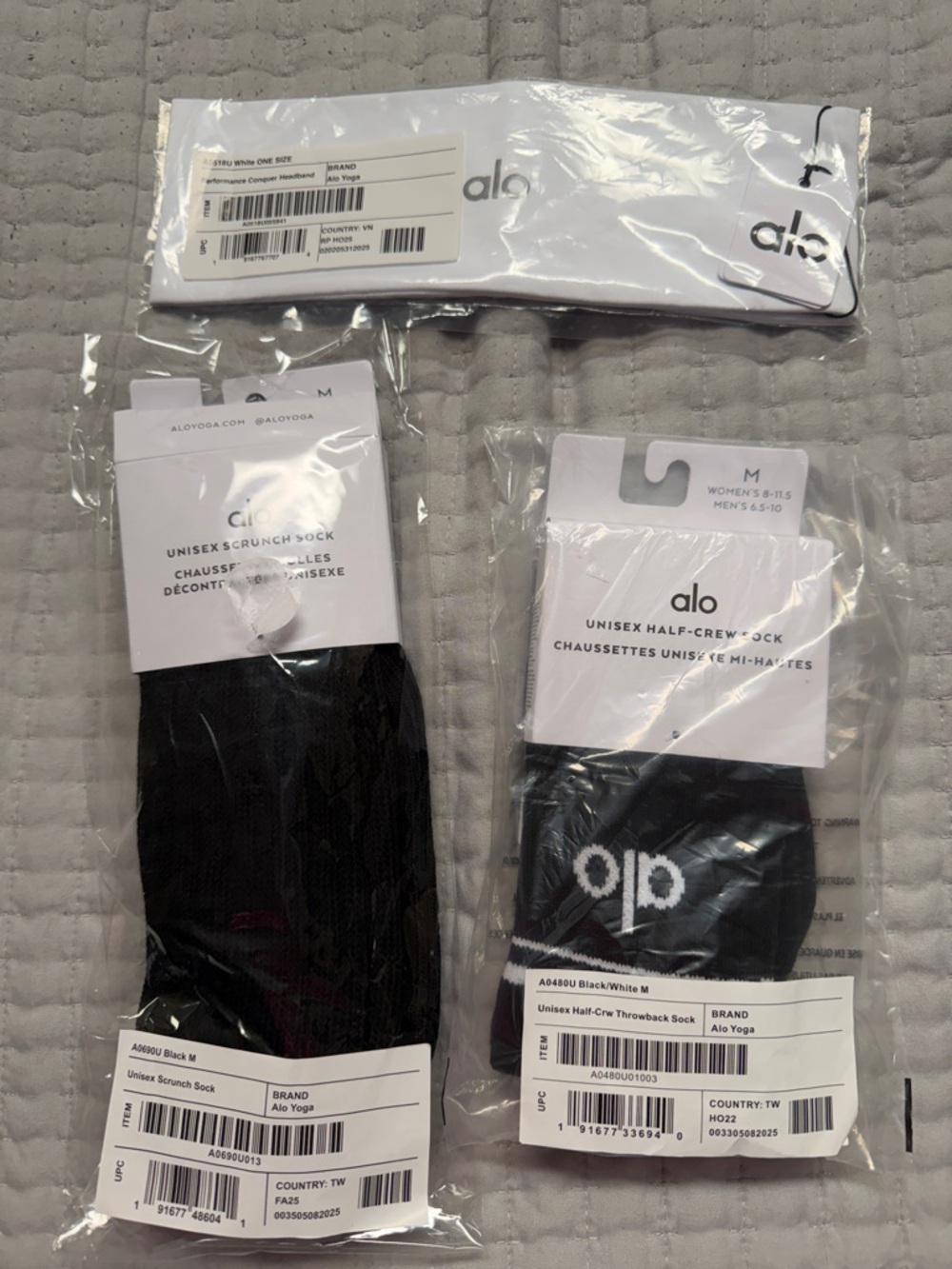 ALO  Black & White Unisex Sock - Crew, Half-Crew & Scrunch and white headband